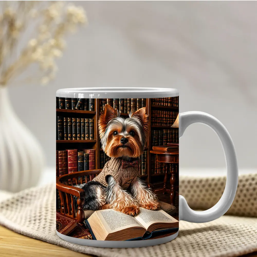 Yorkshire Terrier Reading Books in Library – Mugs