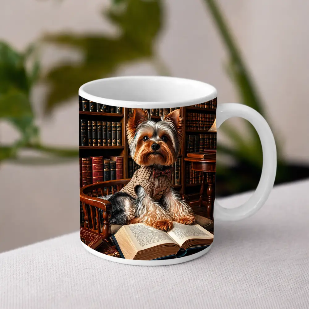 Yorkshire Terrier Reading Books in Library – Mugs