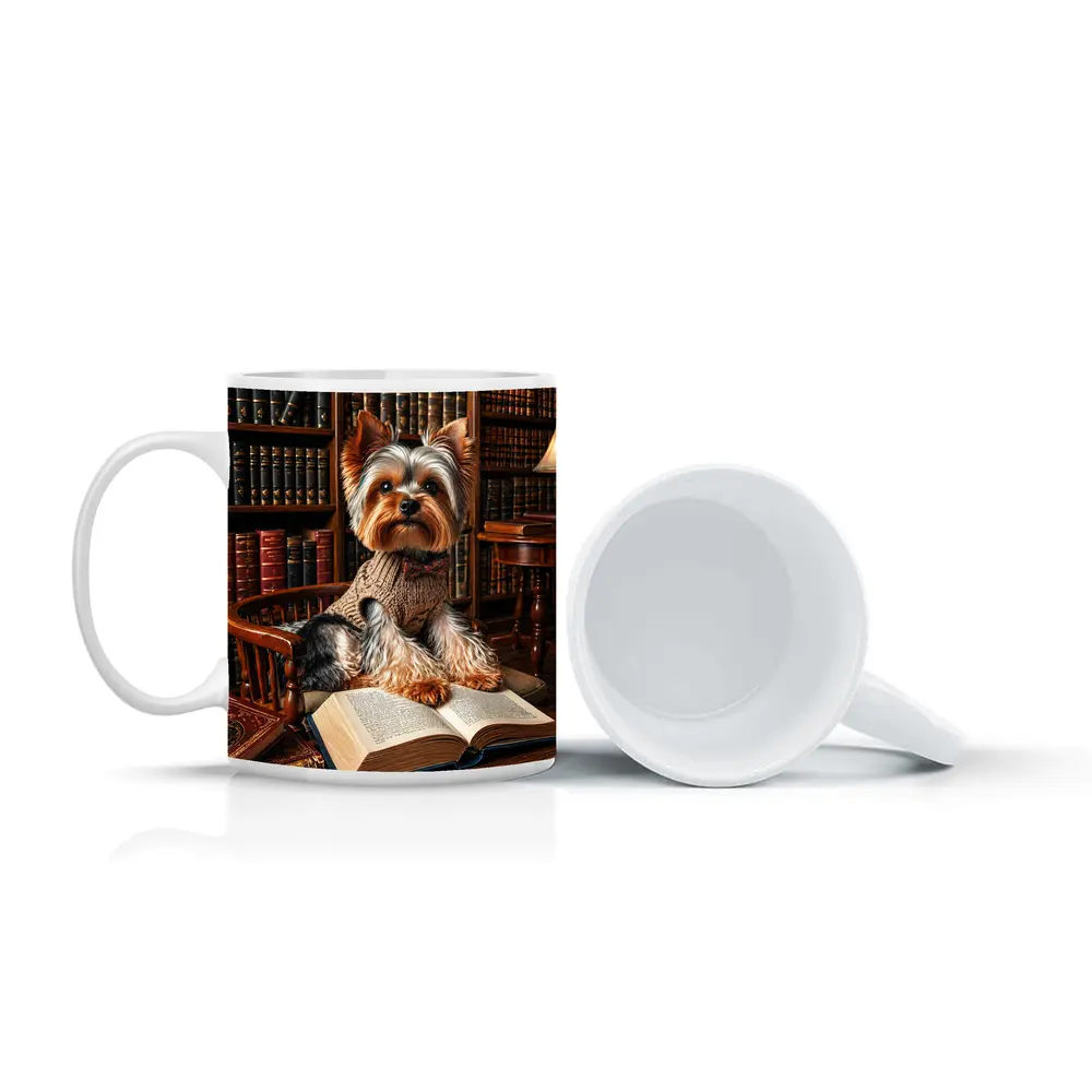 Yorkshire Terrier Reading Books in Library – Mugs