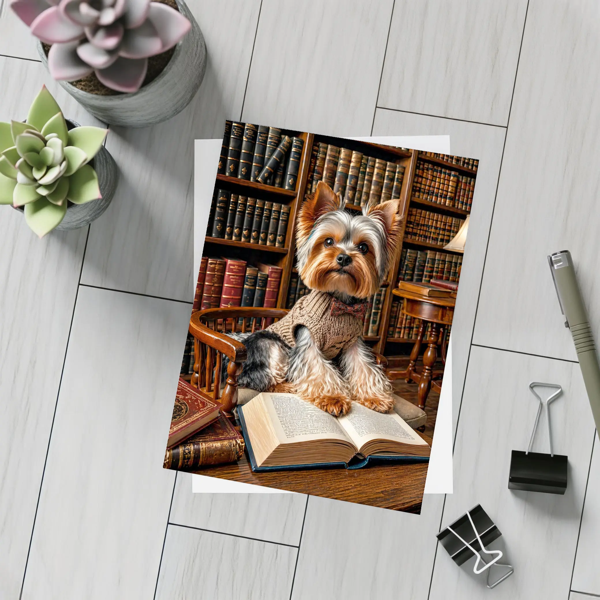 Yorkshire Terrier Reading Books in Library – Postcards