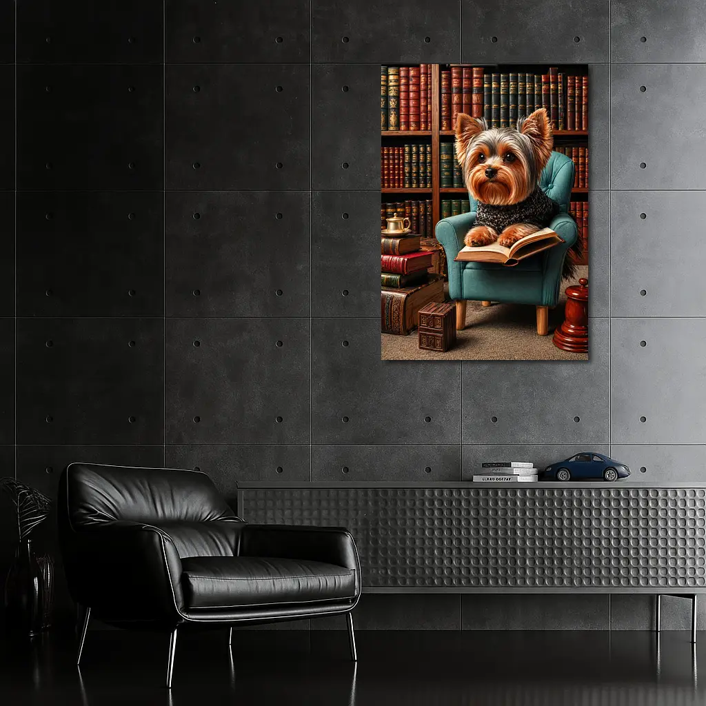 Yorkshire Terrier Reading Book in Library – Wall Art