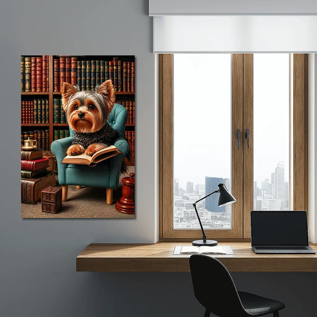Yorkshire Terrier Reading Book in Library – Wall Art