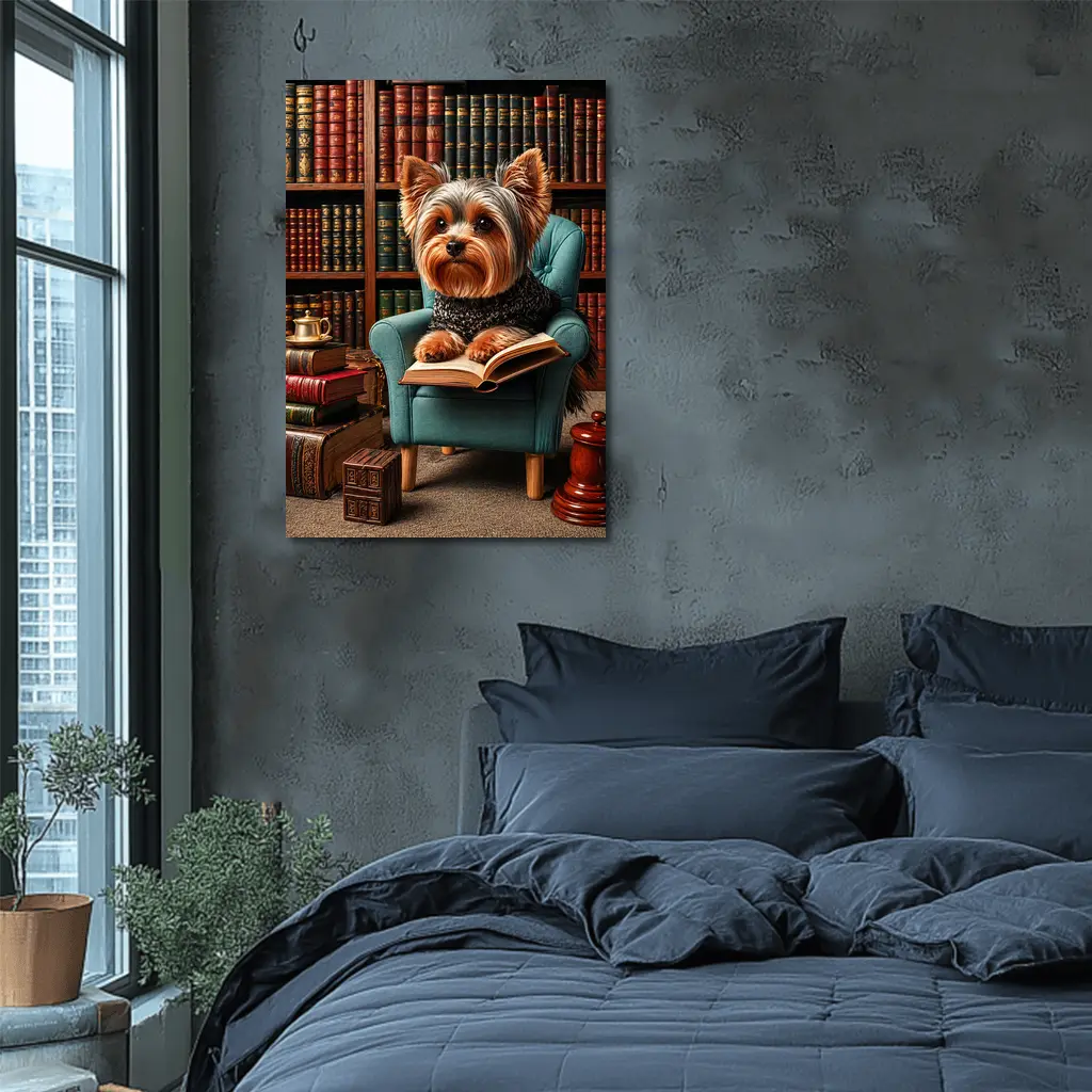 Yorkshire Terrier Reading Book in Library – Wall Art