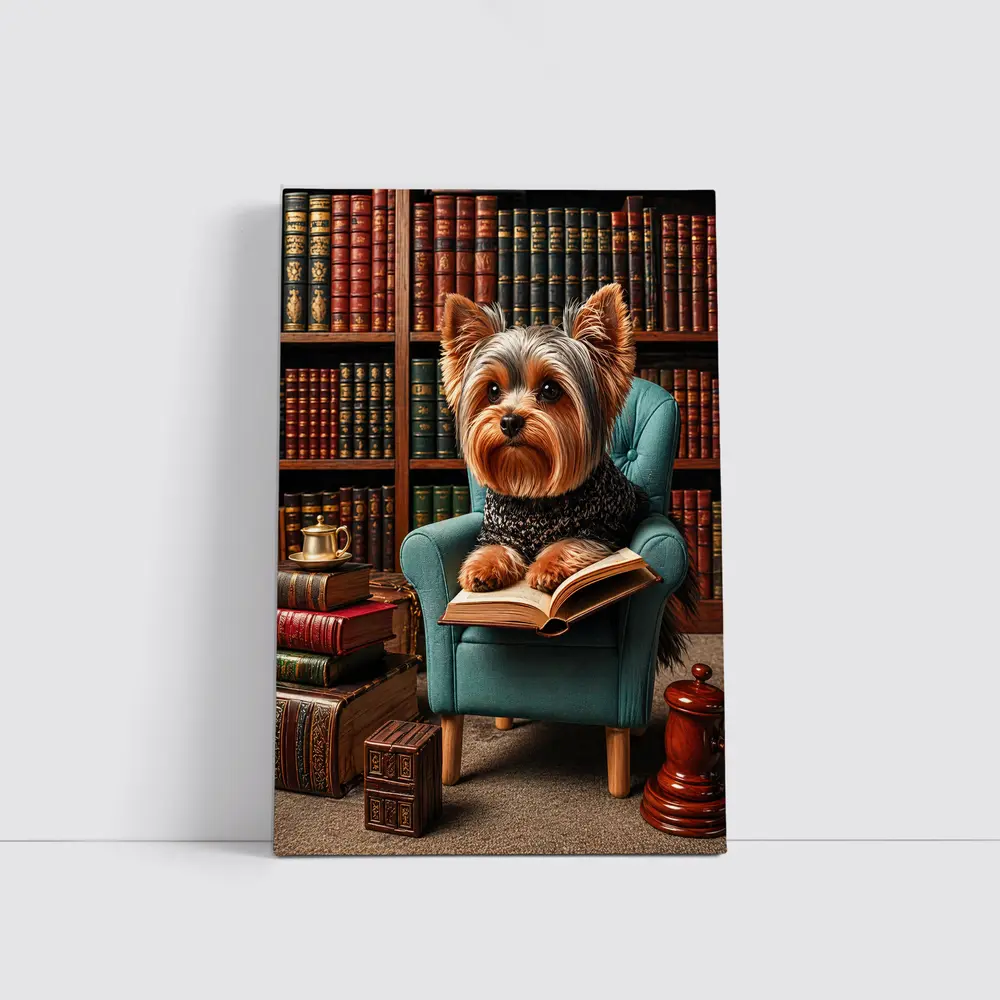 Yorkshire Terrier Reading Book in Library – Wall Art