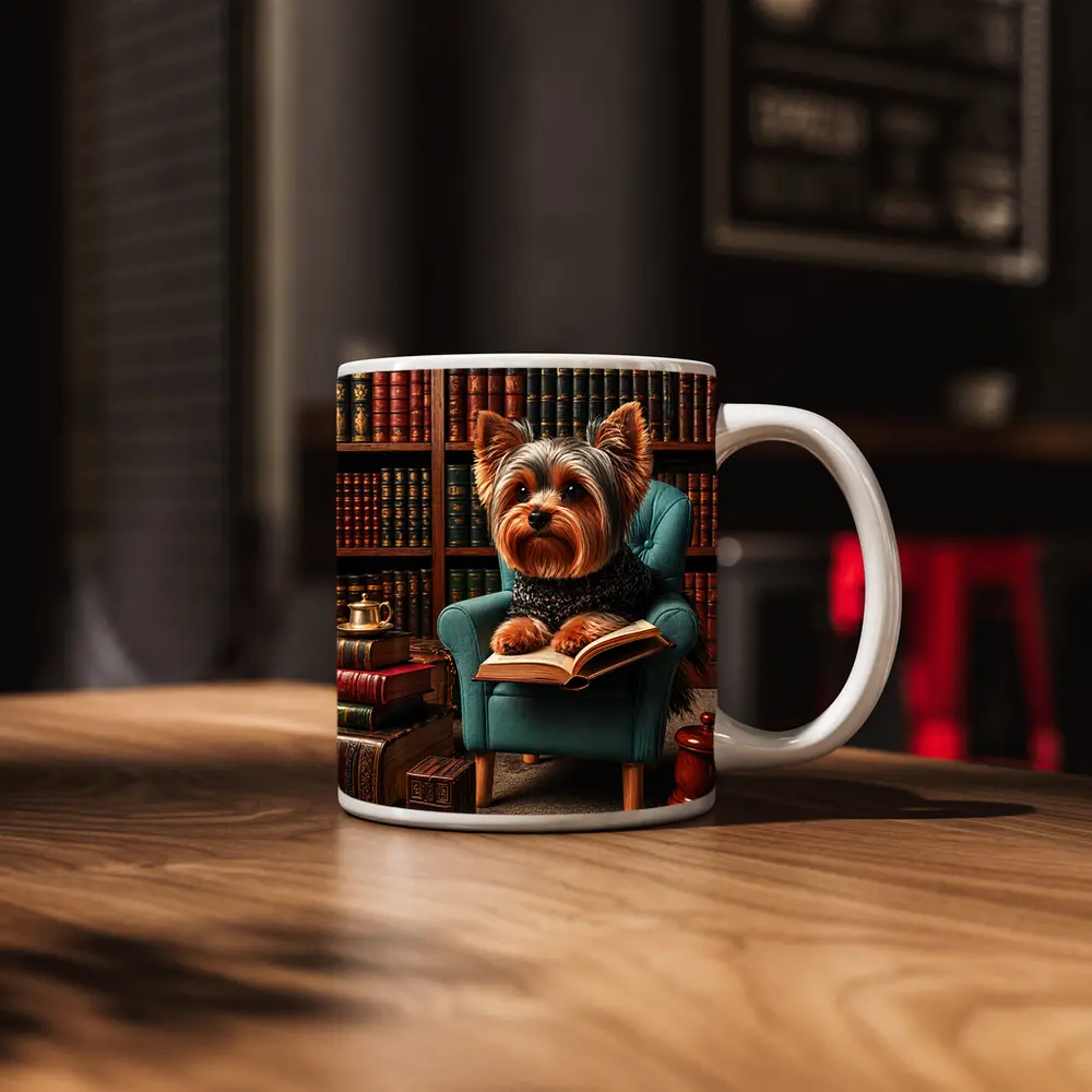 Yorkshire Terrier Reading Book in Library – Mugs