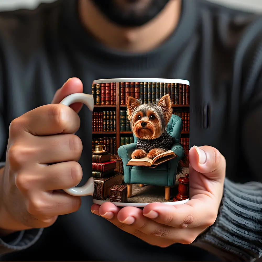 Yorkshire Terrier Reading Book in Library – Mugs