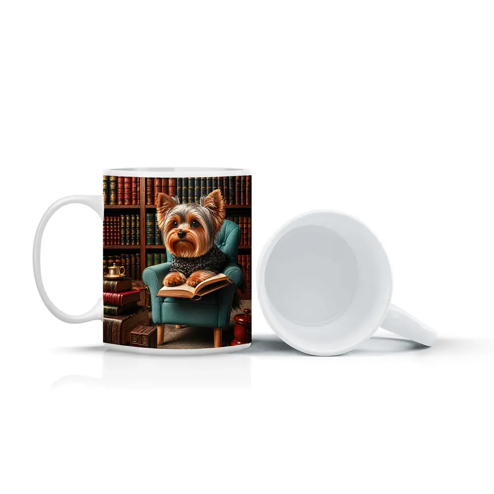 Yorkshire Terrier Reading Book in Library – Mugs