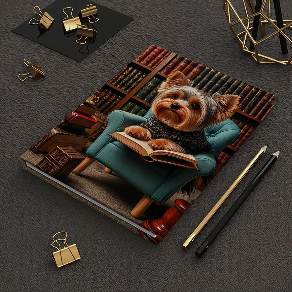 Yorkshire Terrier Reading Book in Library – Notebooks