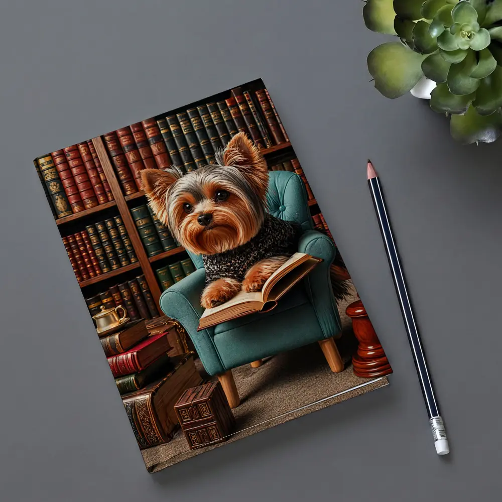 Yorkshire Terrier Reading Book in Library – Notebooks