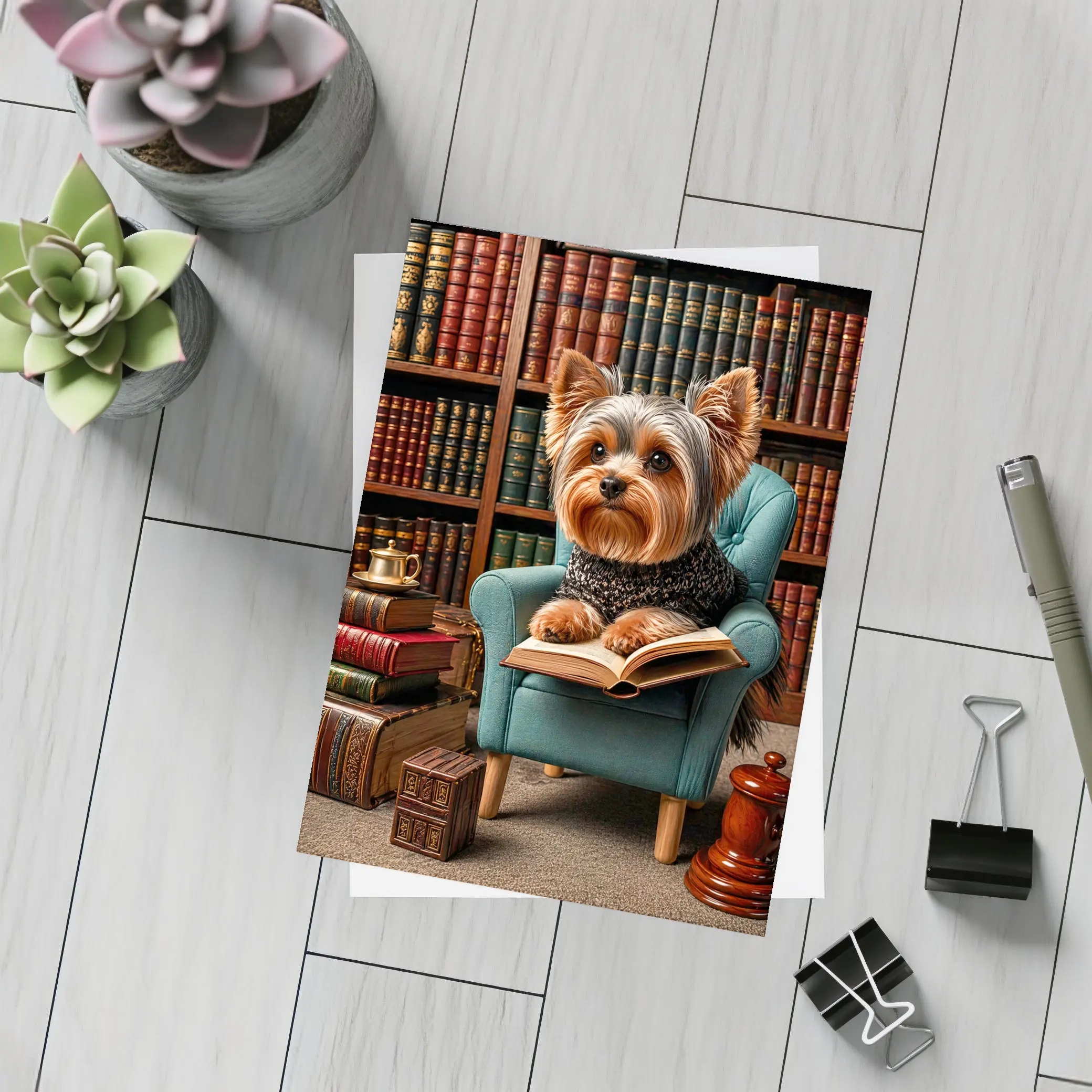 Yorkshire Terrier Reading Book in Library – Postcards