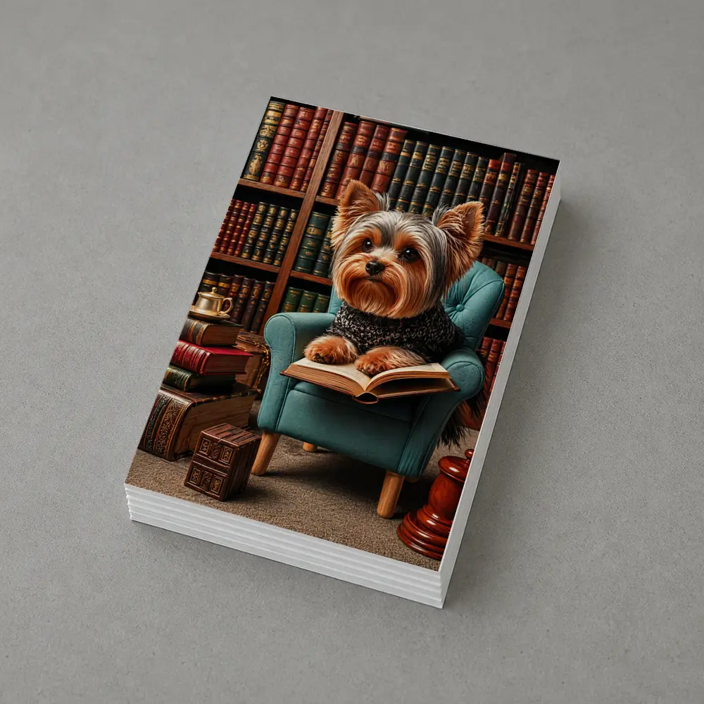Yorkshire Terrier Reading Book in Library – Postcards