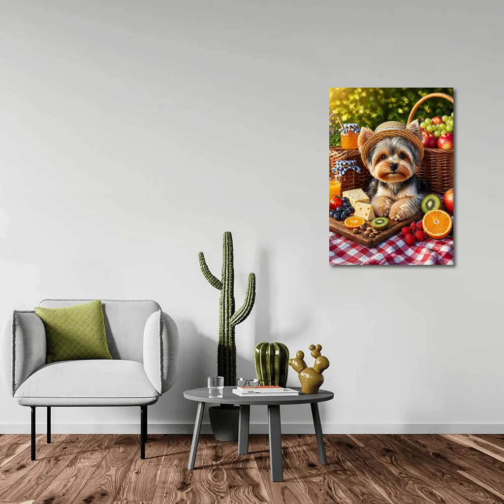 Yorkshire Terrier Picnic With Fruit and Cheese – Wall Art