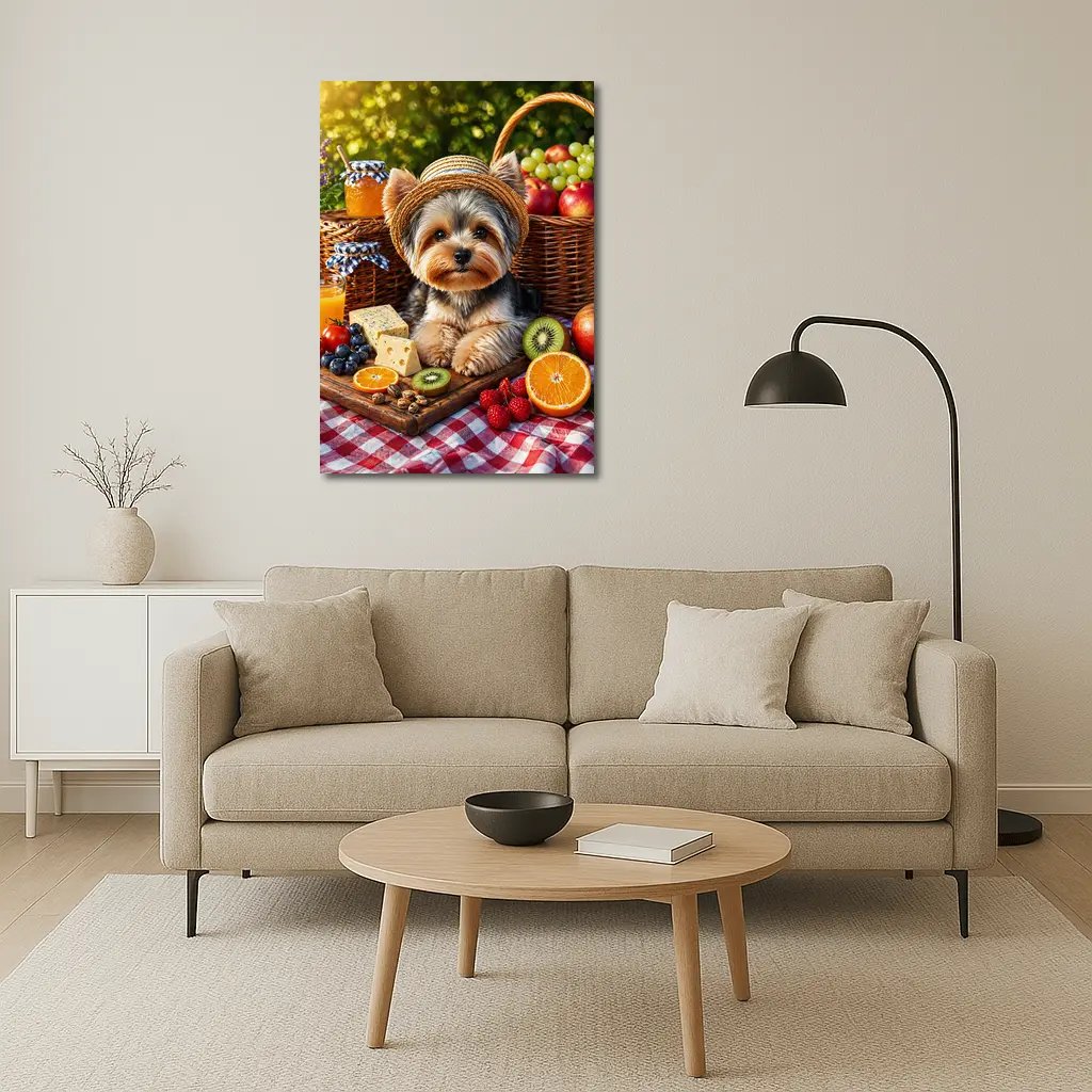 Yorkshire Terrier Picnic With Fruit and Cheese – Wall Art
