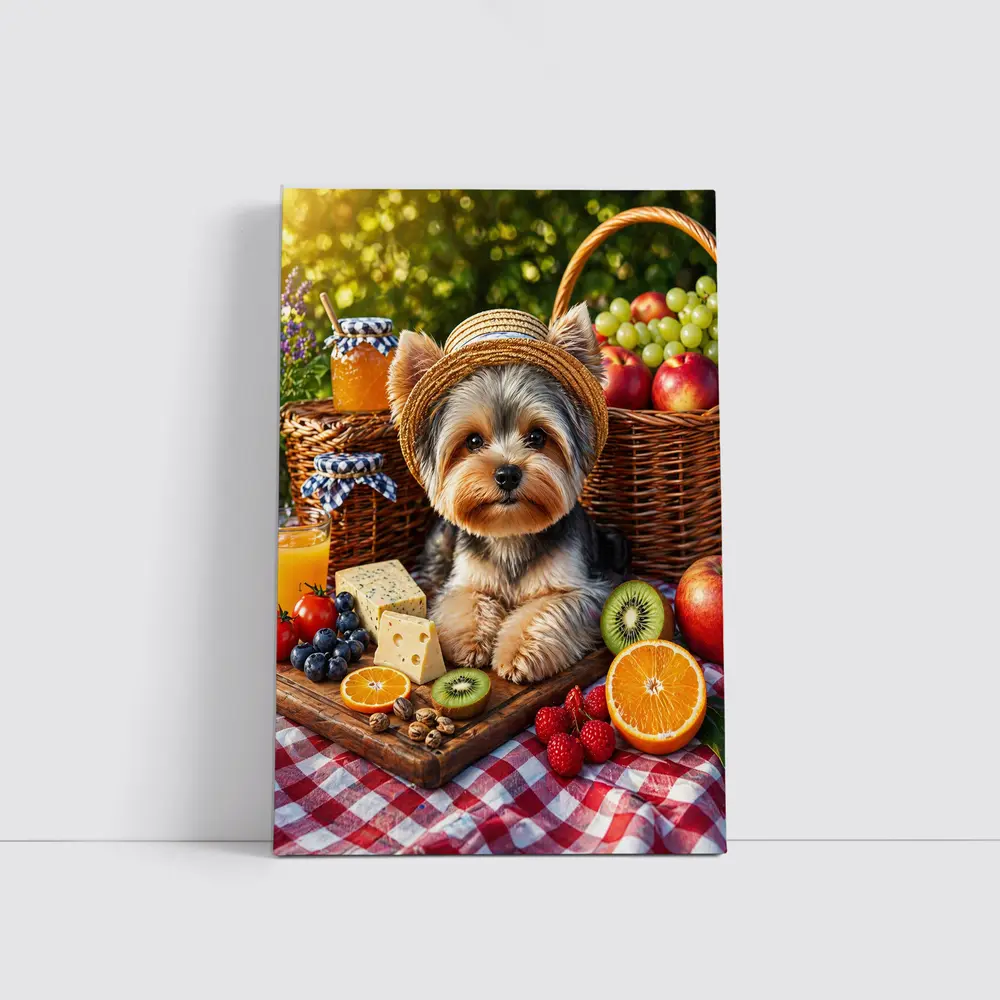 Yorkshire Terrier Picnic With Fruit and Cheese – Wall Art