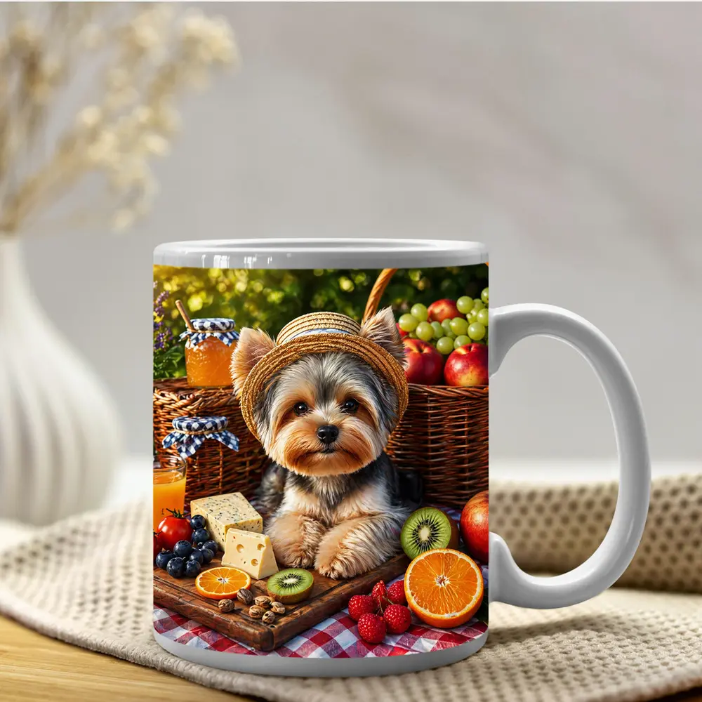 Yorkshire Terrier Picnic With Fruit and Cheese – Mugs