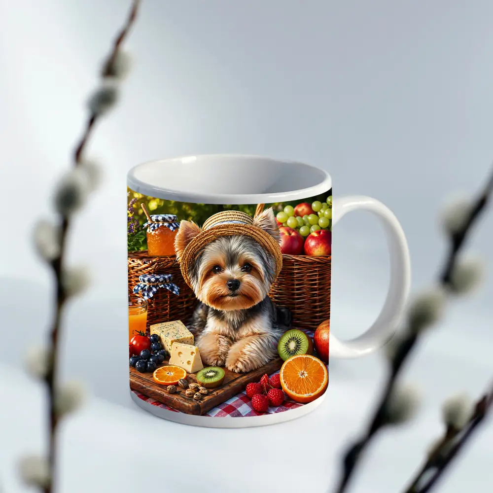 Yorkshire Terrier Picnic With Fruit and Cheese – Mugs
