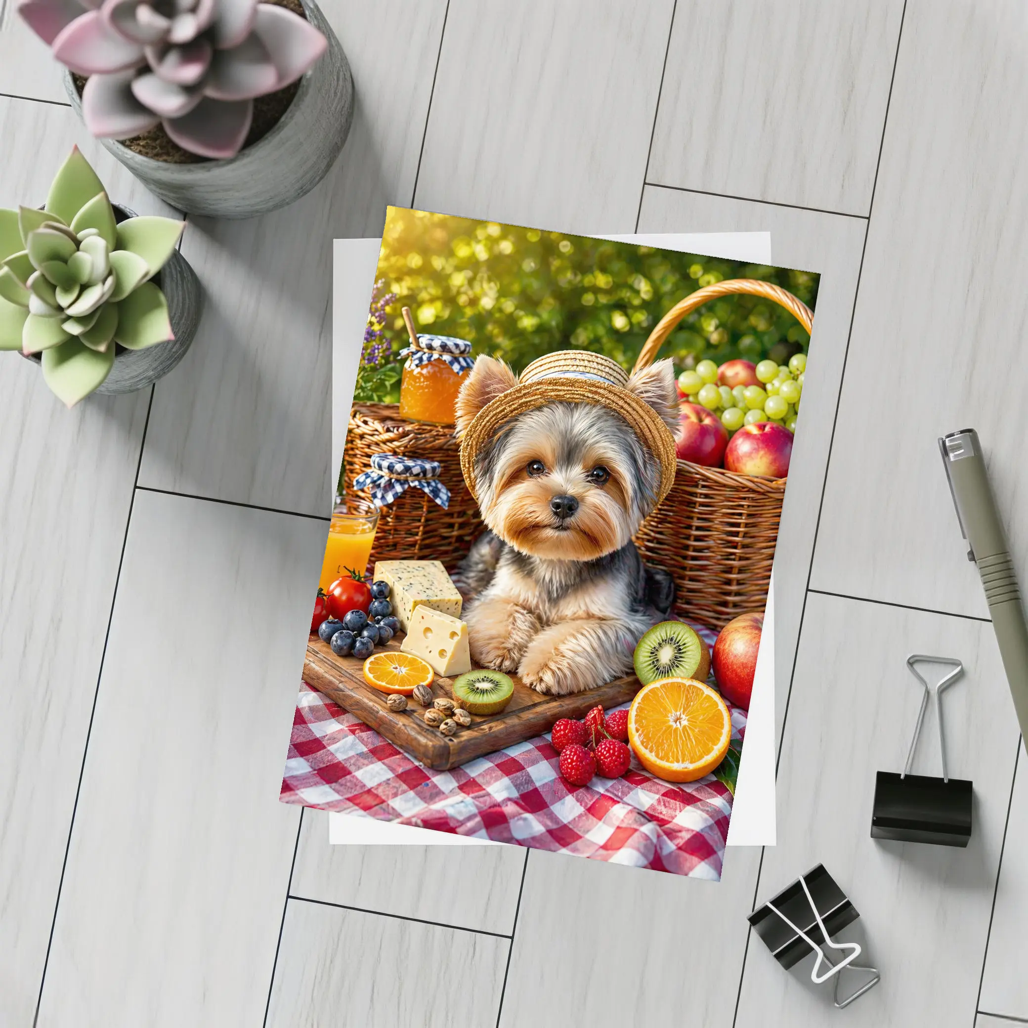 Yorkshire Terrier Picnic With Fruit and Cheese – Postcards