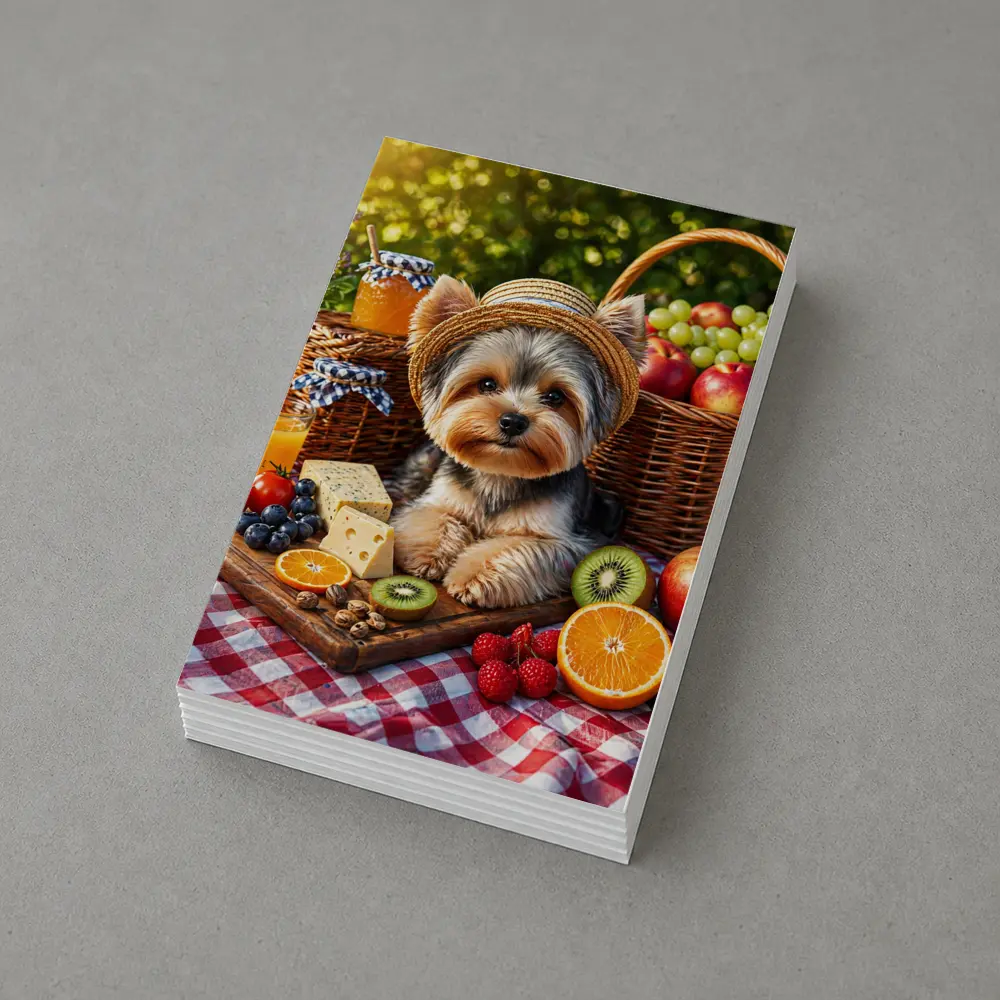 Yorkshire Terrier Picnic With Fruit and Cheese – Postcards