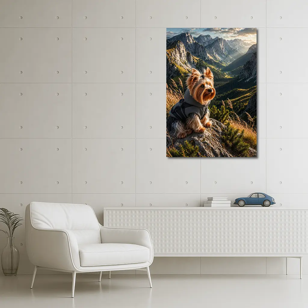 Yorkshire Terrier Sitting on Mountain Rocky Landscape – Wall Art