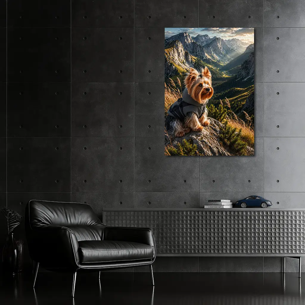 Yorkshire Terrier Sitting on Mountain Rocky Landscape – Wall Art