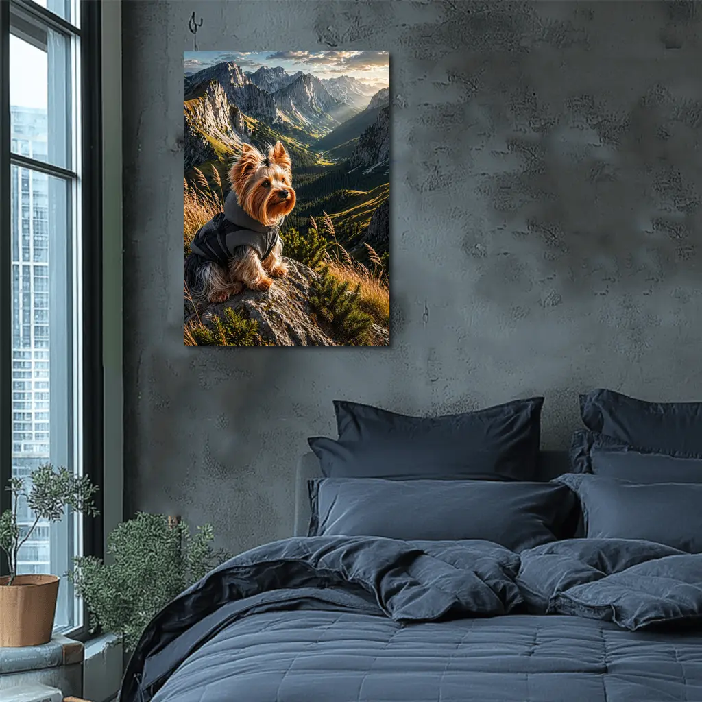 Yorkshire Terrier Sitting on Mountain Rocky Landscape – Wall Art