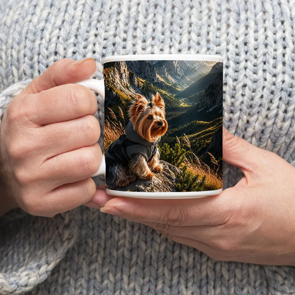Yorkshire Terrier Sitting on Mountain Rocky Landscape – Mugs