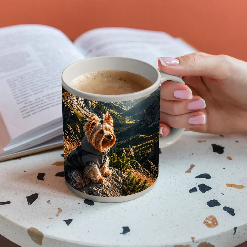 Yorkshire Terrier Sitting on Mountain Rocky Landscape – Mugs