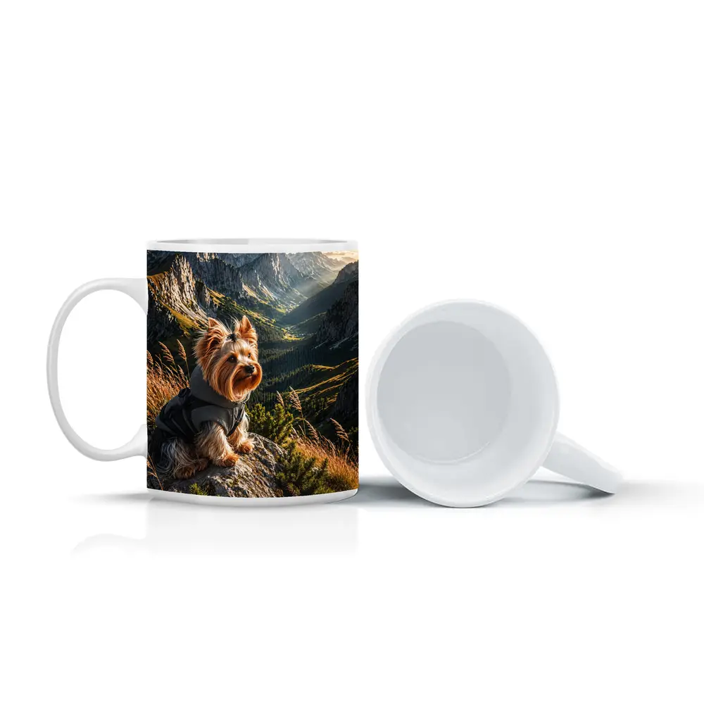 Yorkshire Terrier Sitting on Mountain Rocky Landscape – Mugs