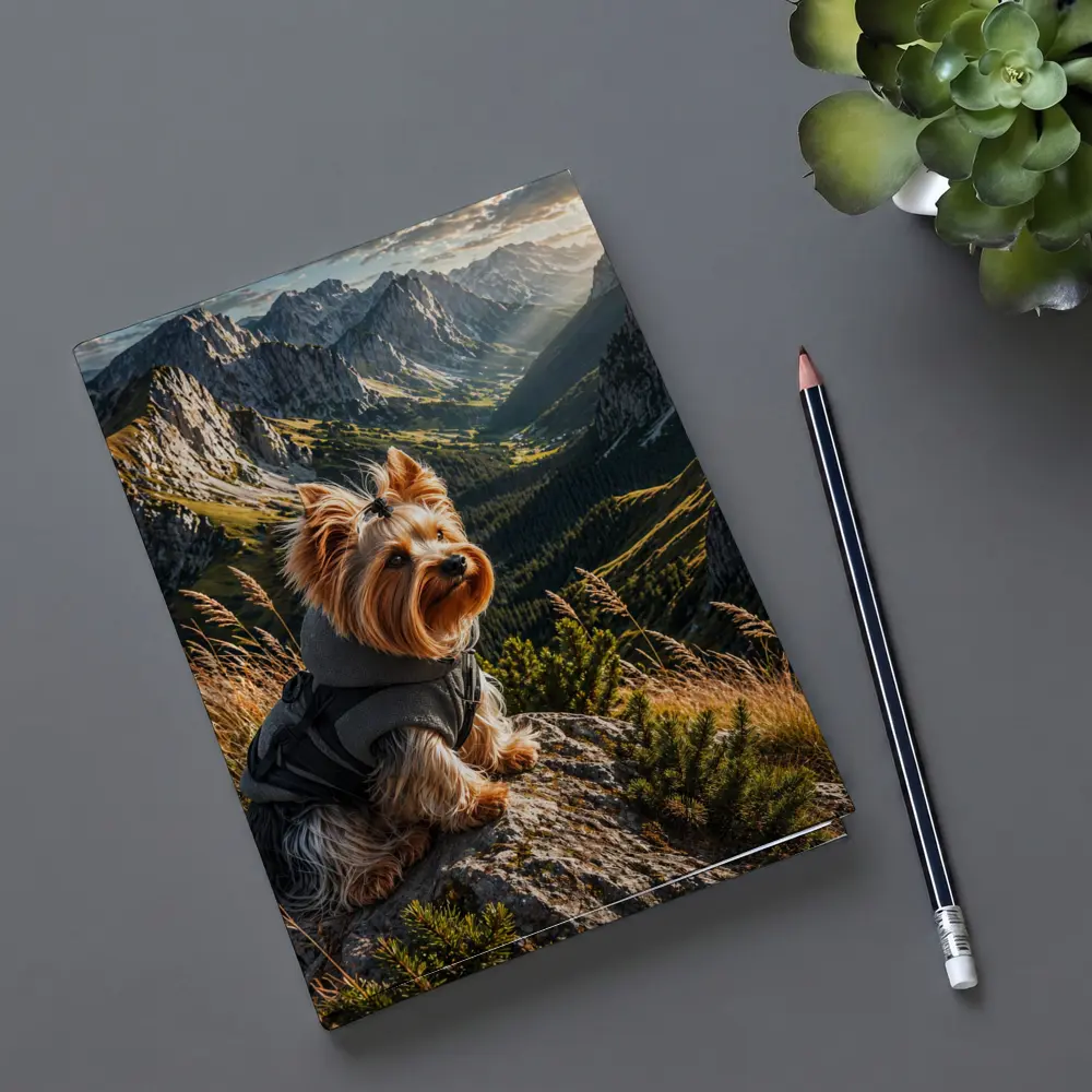 Yorkshire Terrier Sitting on Mountain Rocky Landscape – Notebooks