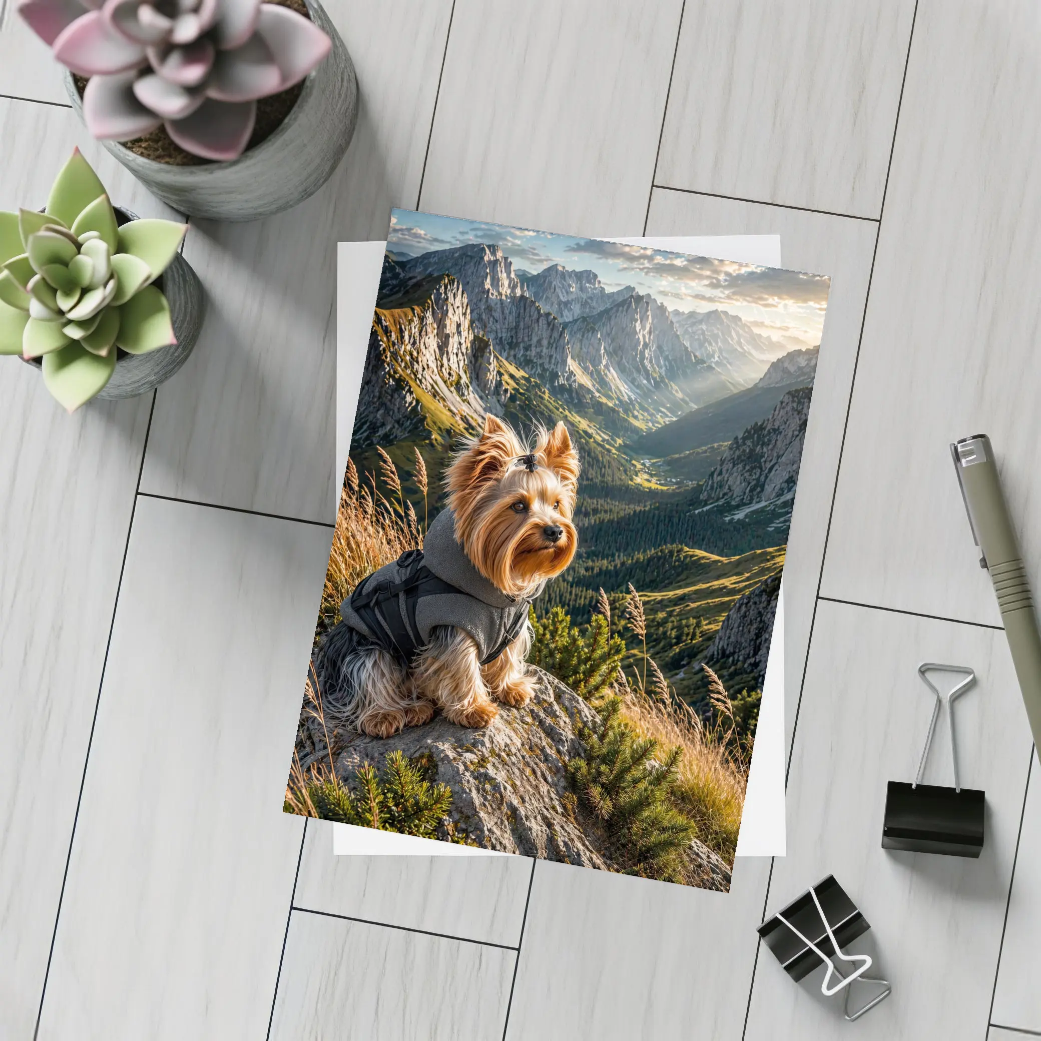 Yorkshire Terrier Sitting on Mountain Rocky Landscape – Postcards