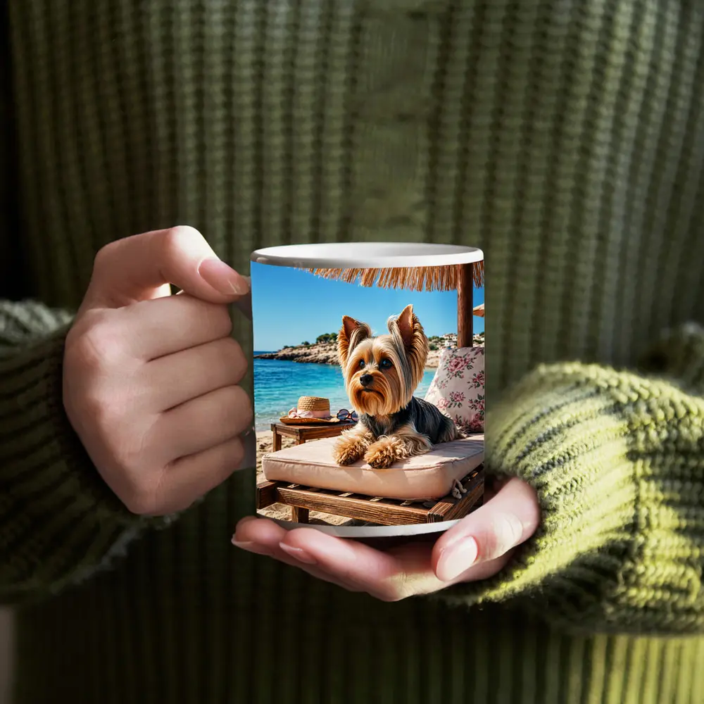Yorkshire Terrier Relaxing on Beach Lounger – Mugs
