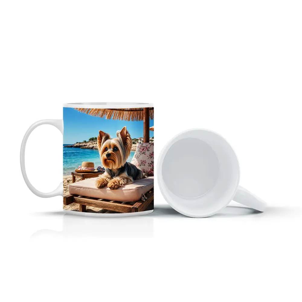 Yorkshire Terrier Relaxing on Beach Lounger – Mugs