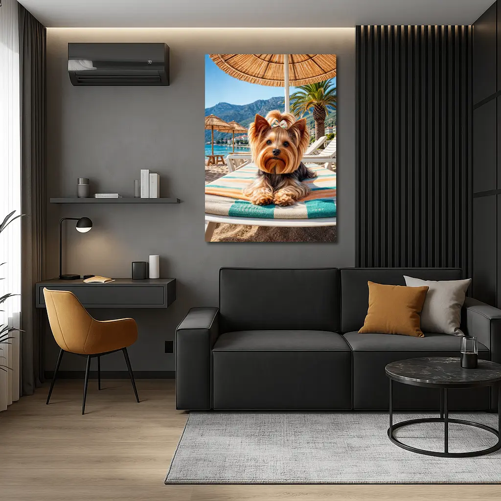 Yorkshire Terrier Relaxing on Summer Beach – Wall Art