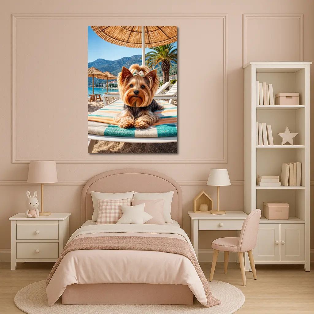 Yorkshire Terrier Relaxing on Summer Beach – Wall Art