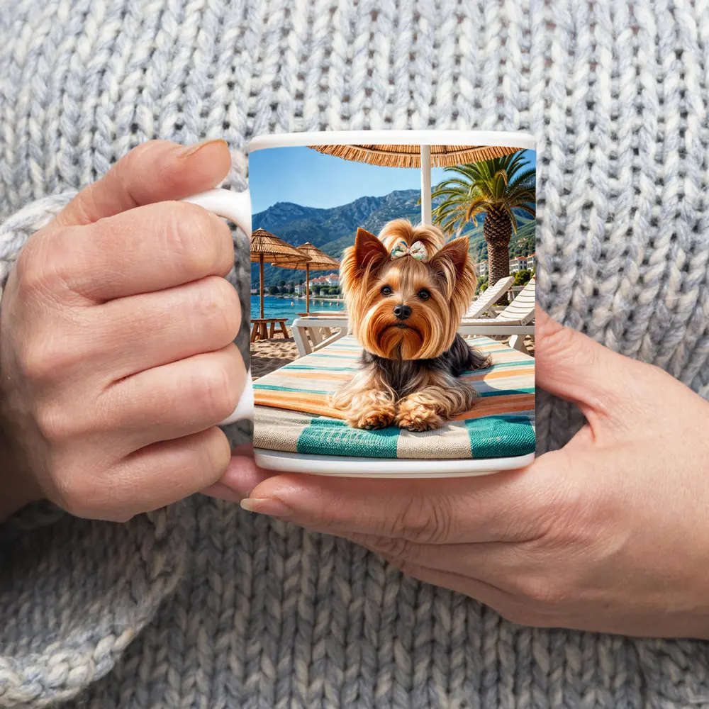 Yorkshire Terrier Relaxing on Summer Beach – Mugs