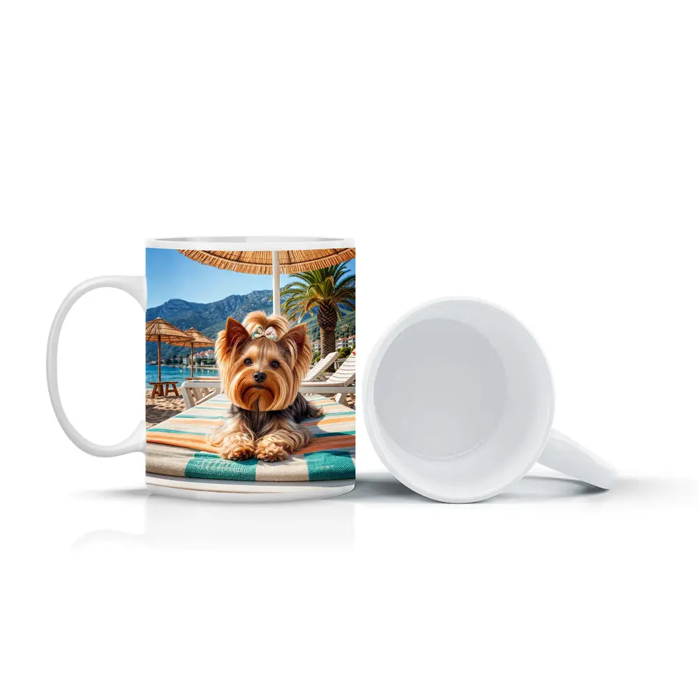 Yorkshire Terrier Relaxing on Summer Beach – Mugs