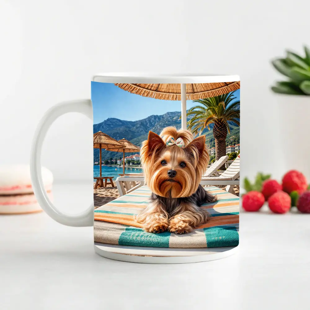 Yorkshire Terrier Relaxing on Summer Beach – Mugs