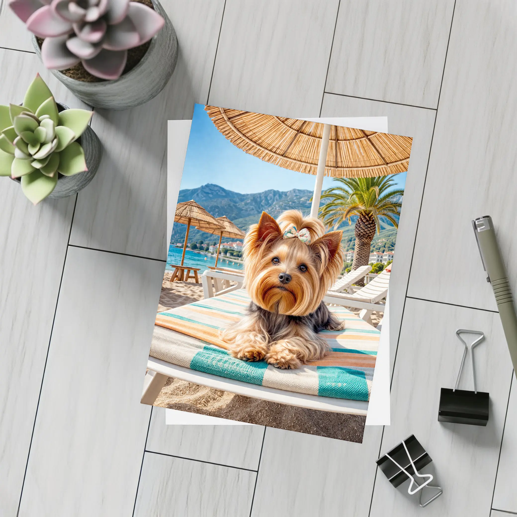 Yorkshire Terrier Relaxing on Summer Beach – Postcards