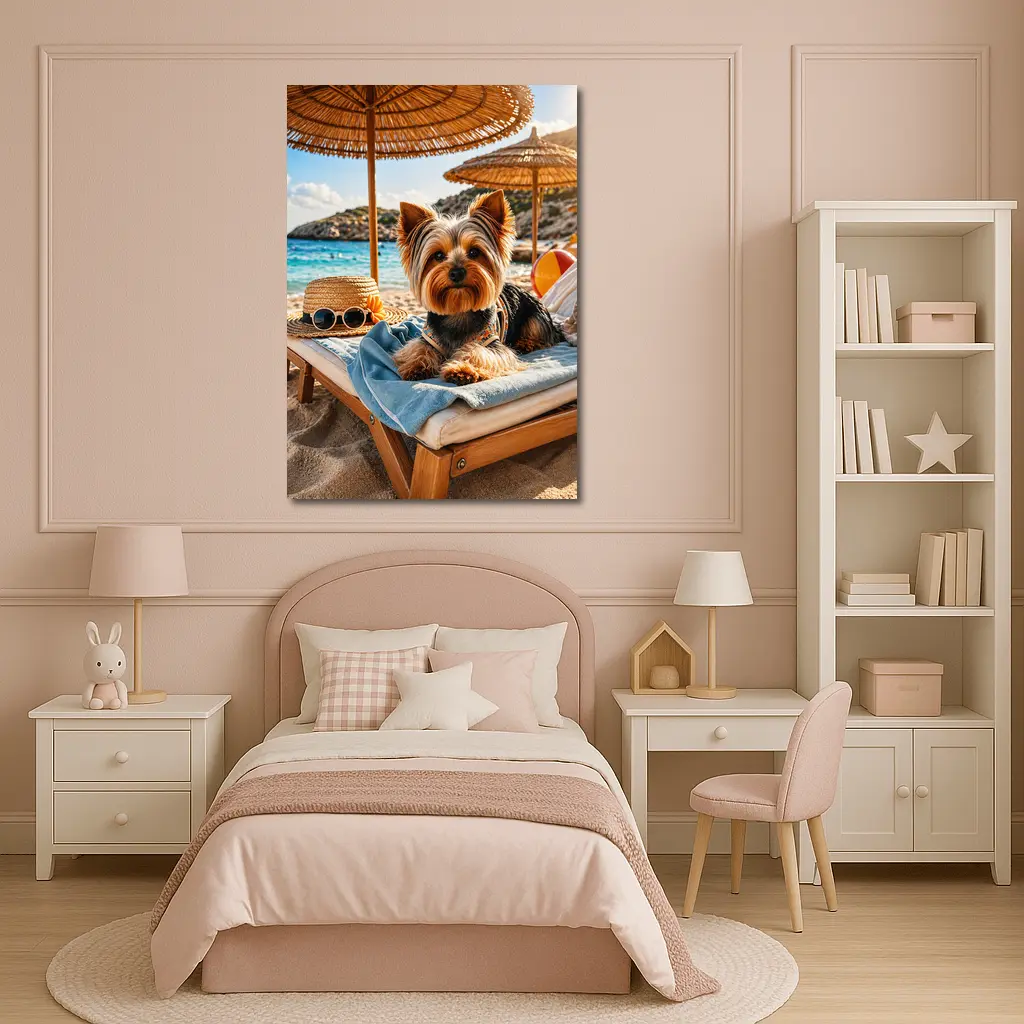 Yorkshire Terrier Relaxing on Summer Beach – Wall Art