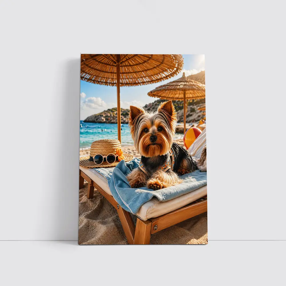 Yorkshire Terrier Relaxing on Summer Beach – Wall Art