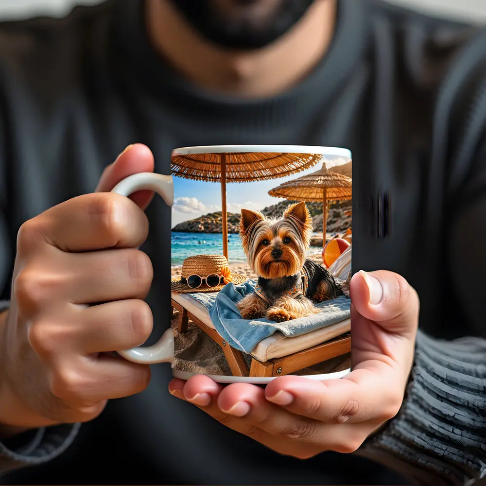 Yorkshire Terrier Relaxing on Summer Beach – Mugs