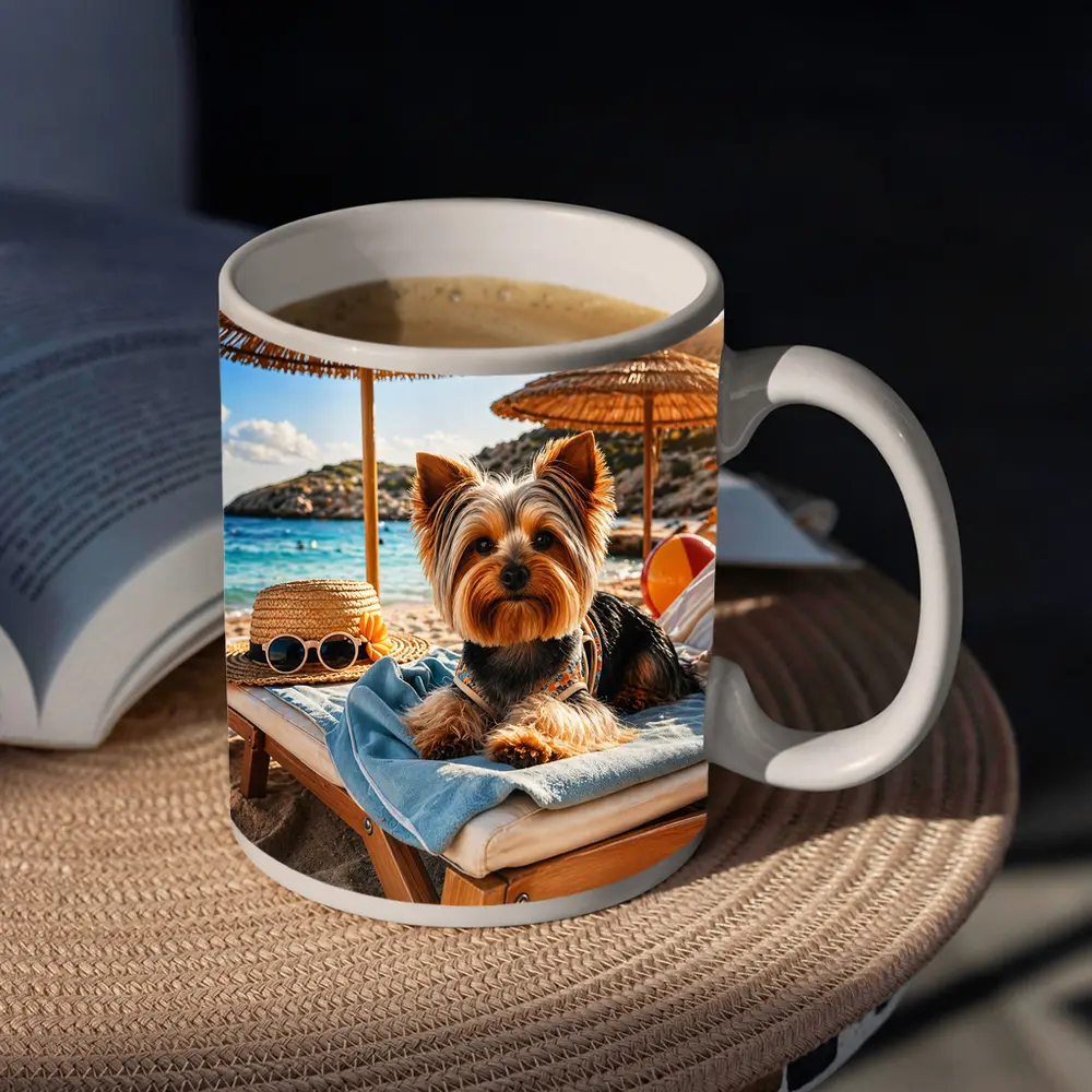 Yorkshire Terrier Relaxing on Summer Beach – Mugs