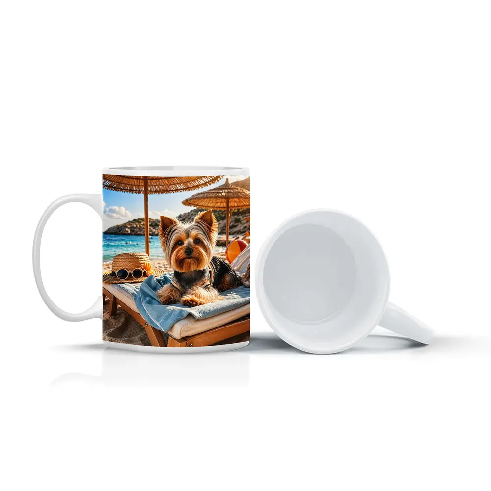 Yorkshire Terrier Relaxing on Summer Beach – Mugs