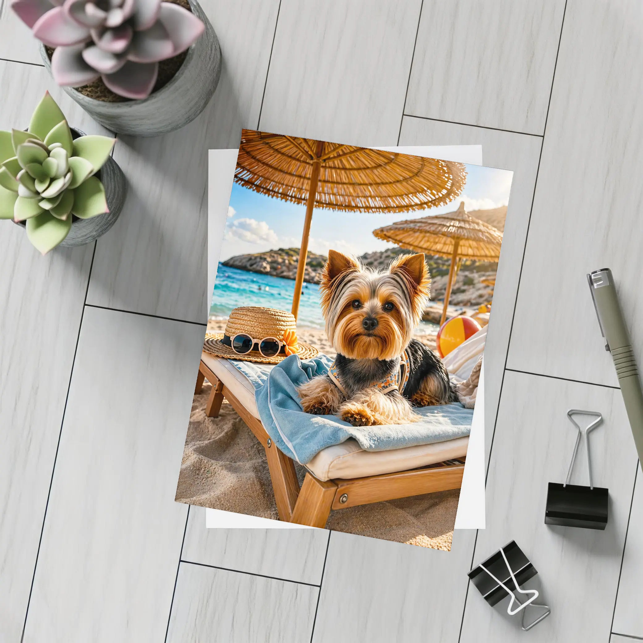 Yorkshire Terrier Relaxing on Summer Beach – Postcards