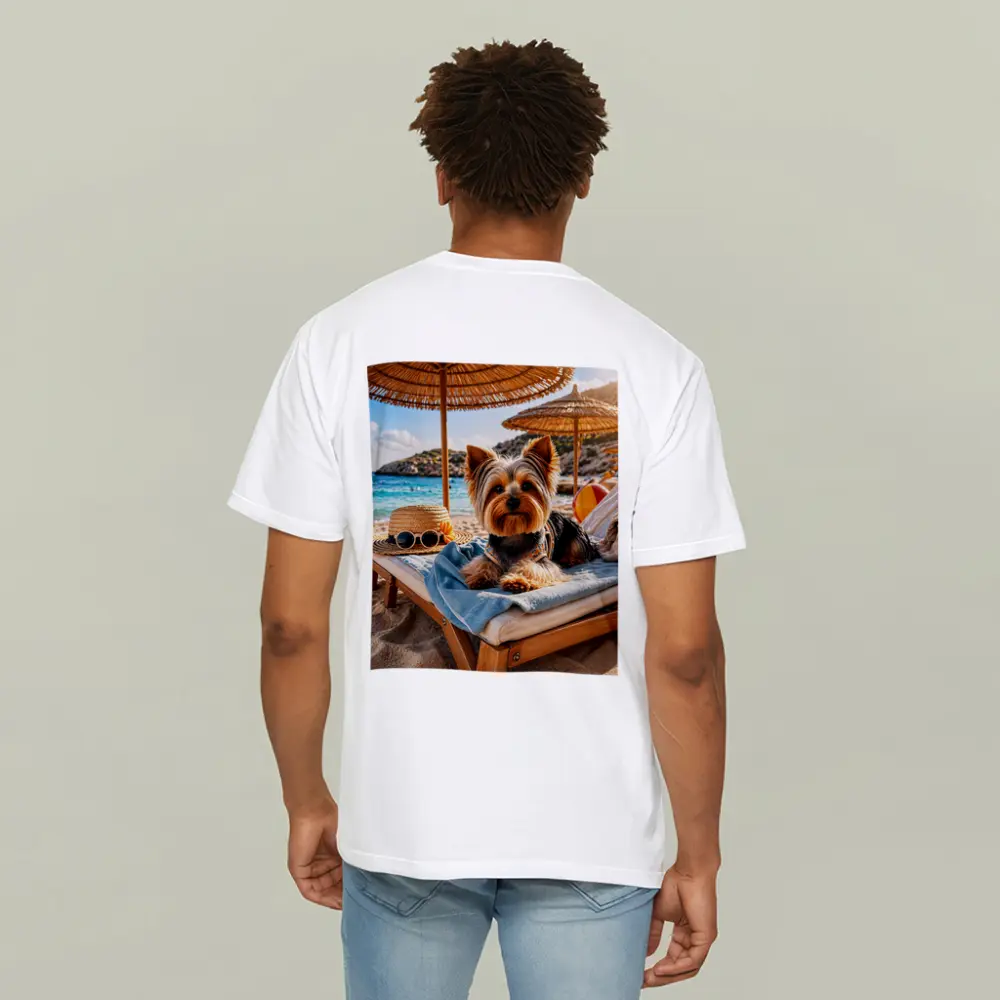 Yorkshire Terrier Relaxing on Summer Beach – T-Shirts