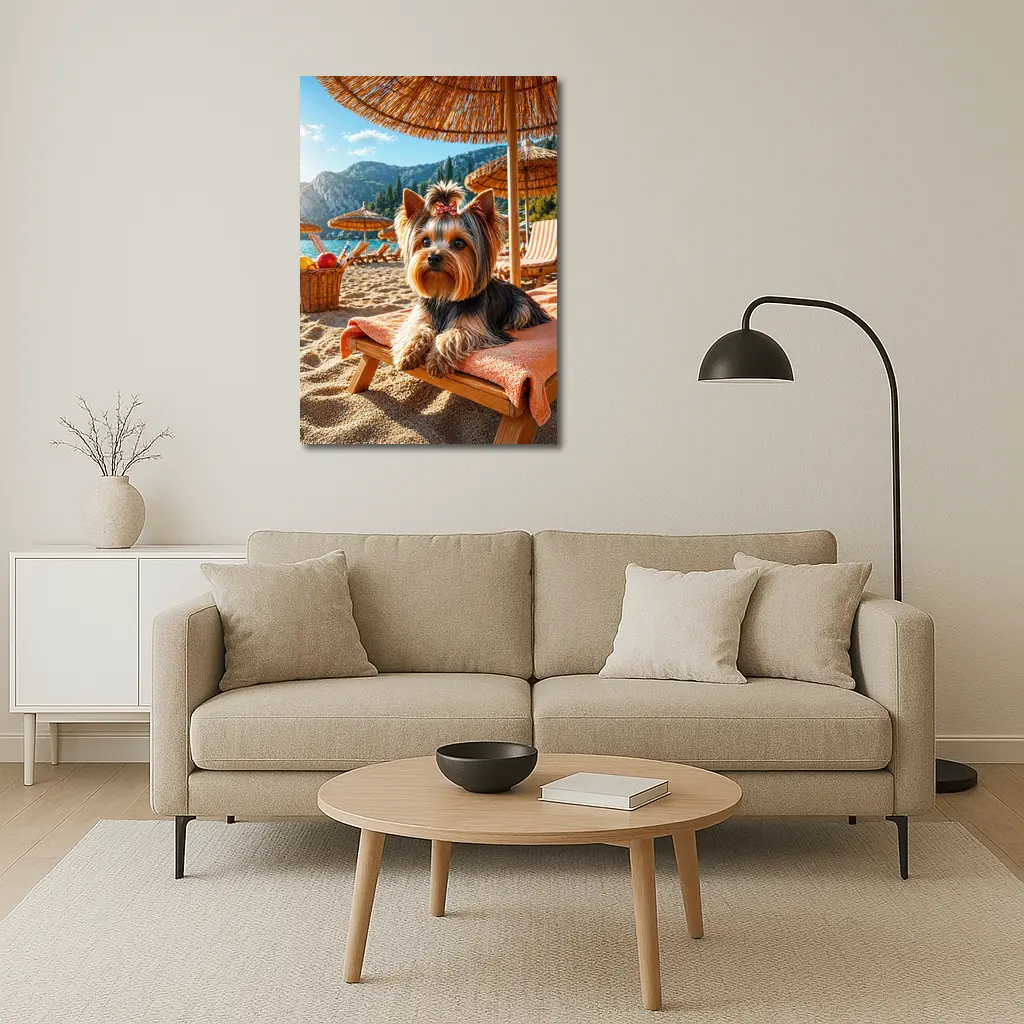 Yorkshire Terrier Relaxing on Beach Summer Day – Wall Art