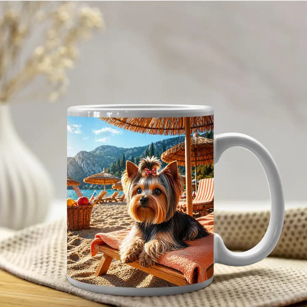 Yorkshire Terrier Relaxing on Beach Summer Day – Mugs