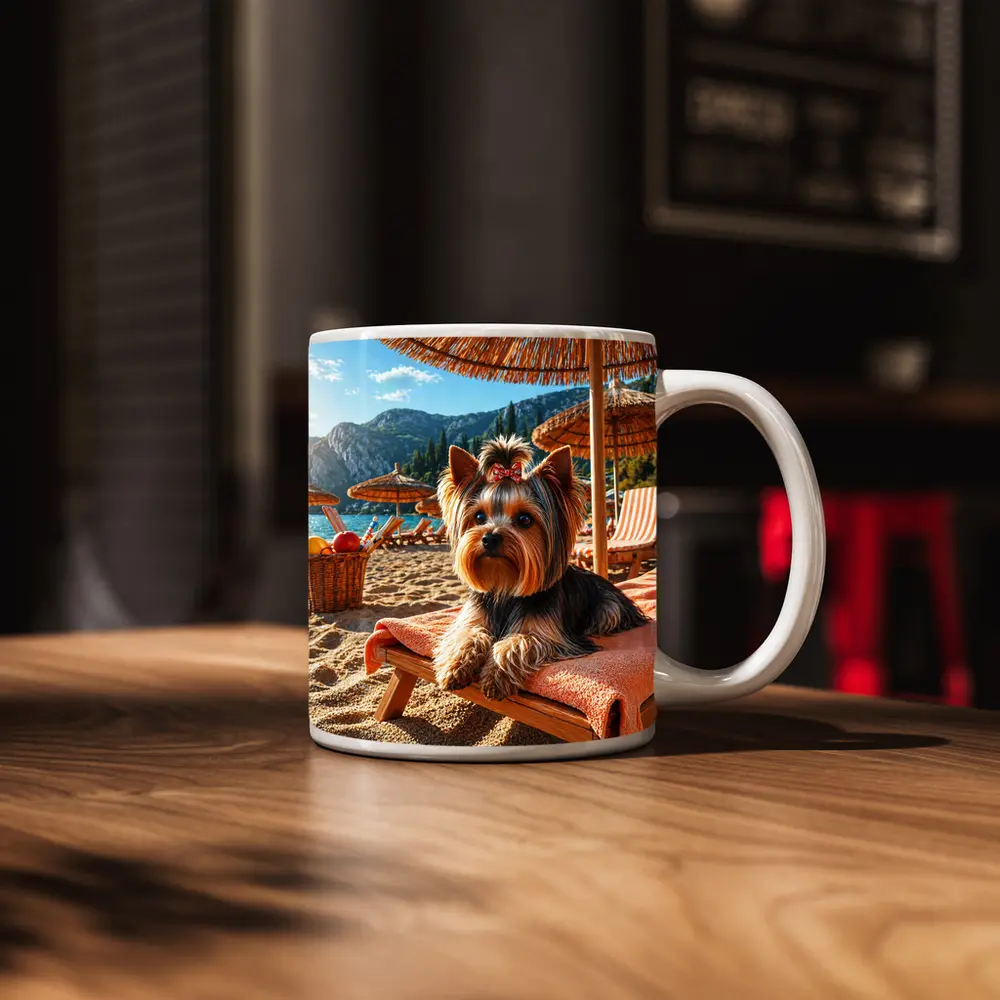 Yorkshire Terrier Relaxing on Beach Summer Day – Mugs