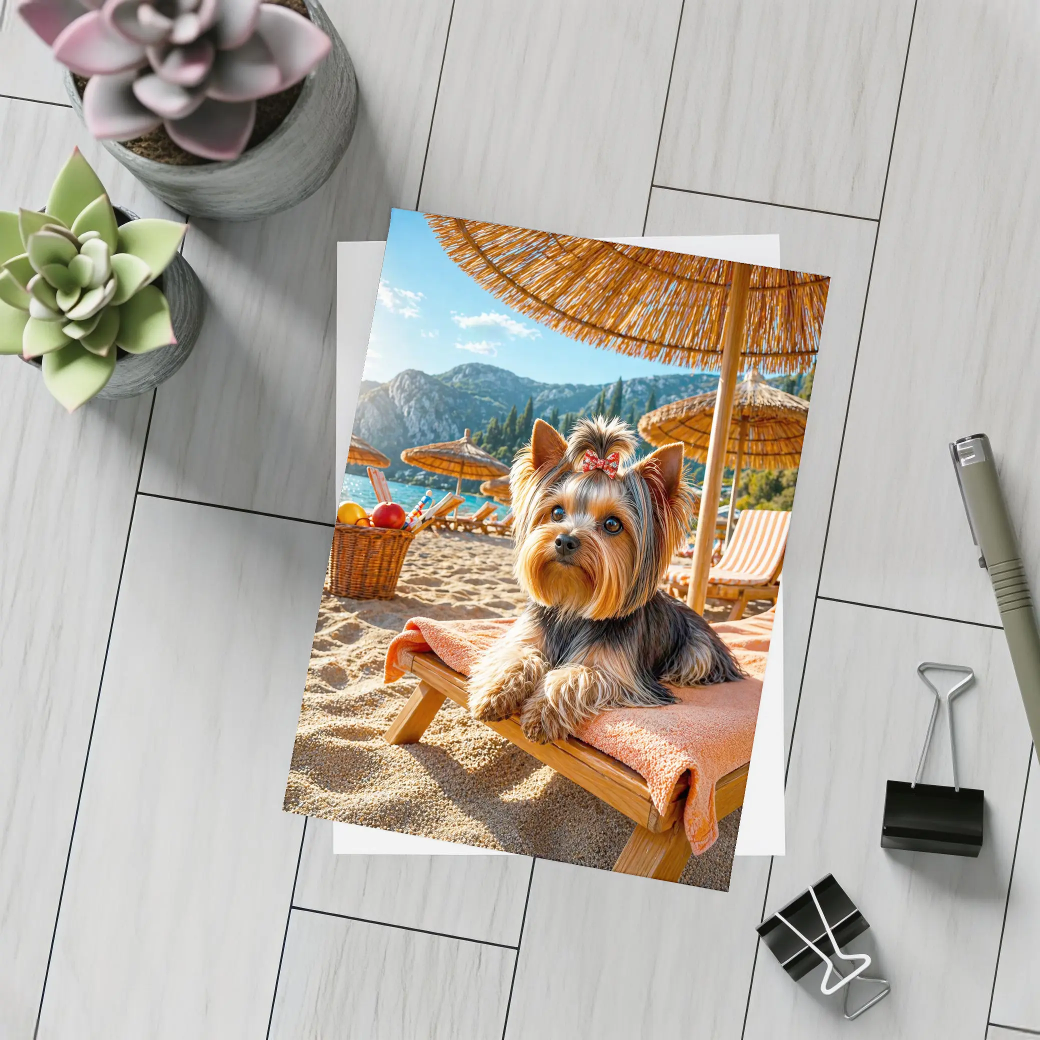 Yorkshire Terrier Relaxing on Beach Summer Day – Postcards