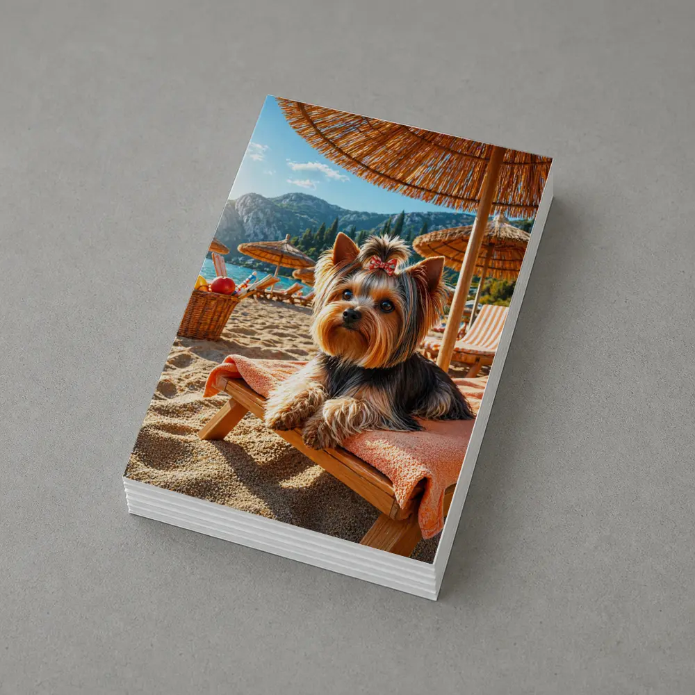 Yorkshire Terrier Relaxing on Beach Summer Day – Postcards